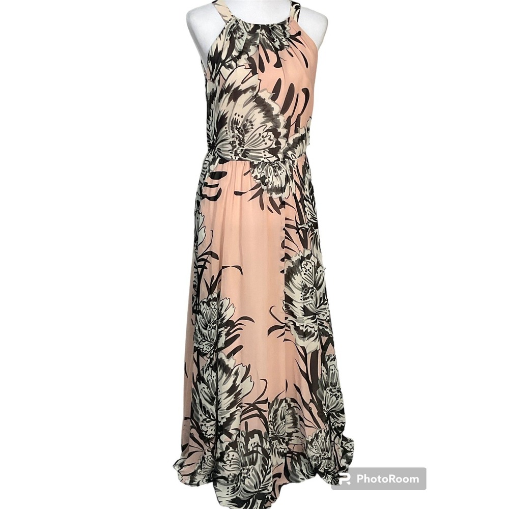 Eliza J Pink Black Floral Print Chiffon Maxi Dress Neck Tie Hidden Zipper 8 R2